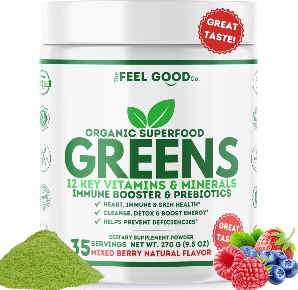 "The Feel Good Super Greens Powder" - Jus Hijau Organik, "Wheat Grass No Sugar Added", Spirulina, Chlorella, Progories, Enzyme Digevisit, Antioksidant Rich "," The Immunity Superfood ", 35 SVG, Daily