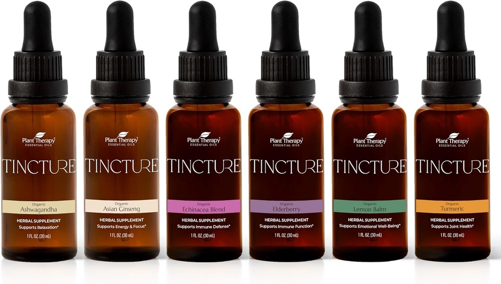 Pembangkit Terapi Organik Tanaman Pertama Mengatur 30 mL Masing-masing Organik Ashwagandha, Asia Ginseng, Echinacea Blend, Elderberry, Lemon Balm & Turmeric