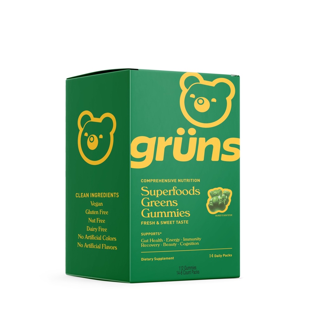 Gruns Super Greens Gummy Bears - Organik Spirulina dan Chlorella, Pregnance for Digetical Health, 20 + Vitamin and Mineral - 14 sachets - 112 Gummies