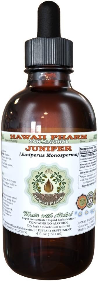 Juniper Alcohol- Free Liquid Extract, Organic Juniper (Juniperus Monosperma) Kering Berry Glycerite Hawaii Pharm Natural Herbal Suplemen 4 oz