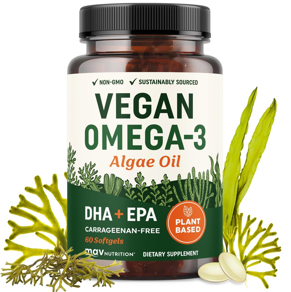 Vegan Omega 3 Algae Oil 124; Plant Based DHA EPA 124; Desurinably Sourinced, No Carrageenan, Non GMO 124; Heart, Brain, and Eye Health 124; Fish Oil Alternative 124; Algae Omega 3 Suplemen 124; 60 Softgel Capsules