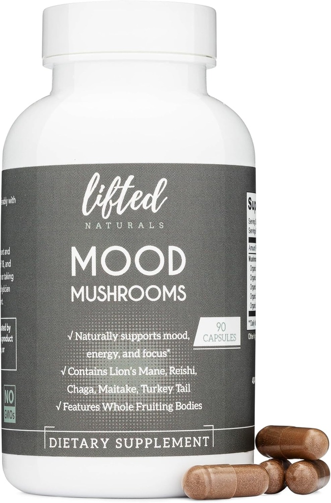 Jamur Mood - Suplemen Jamur Terangkat - Singa Mane, Reishi, Chaga, Turkey Tail, Maitake - Energi, Fokus, Bantuan Stress