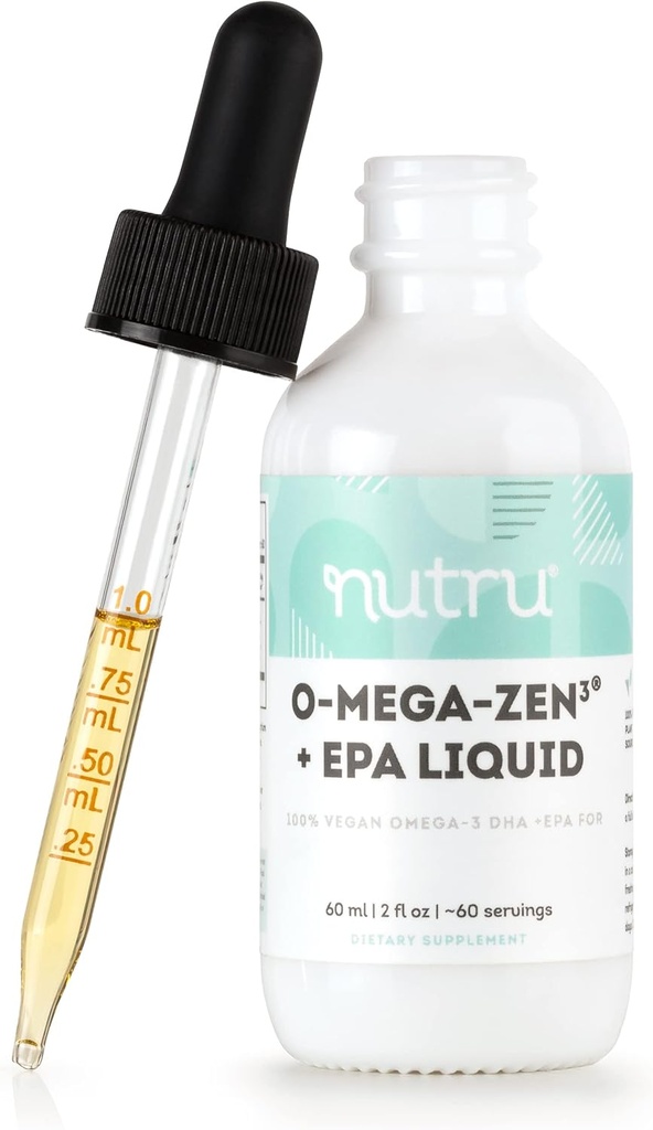 O-Mega- Zen3 + EPA Vegan Omega 3 DHA EPA Liquid Suplement - Algal Omega3 Estist Acids - 2 Fl Oz