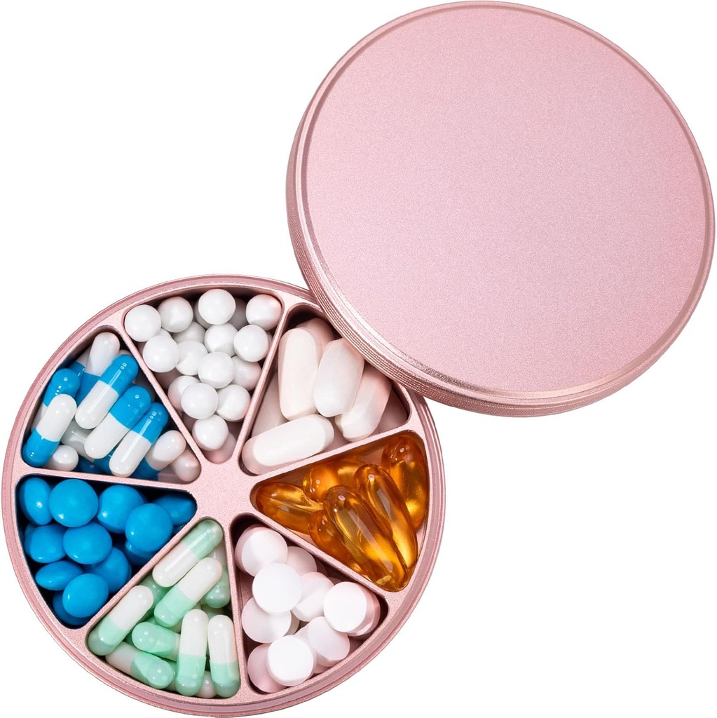 Metal Pill Organizer 7 Kompartemen Pill Dispenser - Heavy Duty Pill Box Pil Pill Container Large Daily Case Hoder for Medication Vitamins Fish Oils Suplemen, 0.39lb (Pink)