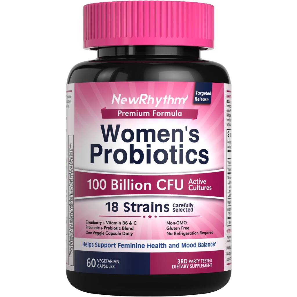 Produksi NewRhythm untuk Perempuan, P-5-P, Vitamin C & Organic Cranberry, 100 Milyar CFU 18 Strains, Pregren & Vaginal Progres for Digetical Health & PH Saldo, 60 Capsules, No Dairy