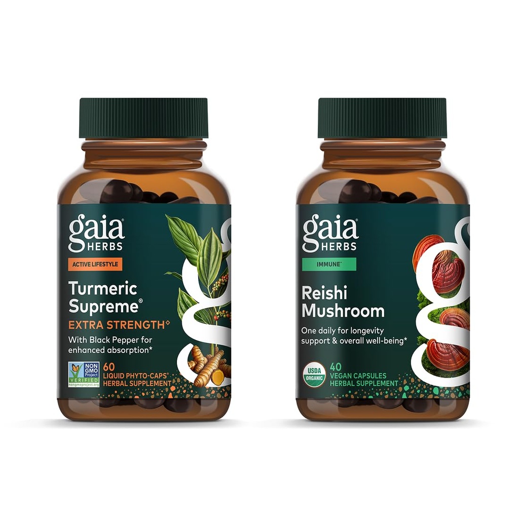 Gaia Herbs Top Turmeric Extract Energy - 60 Vegan Liquid Phyto- Capsules & Reishi Mushroom - Imune System & Support Heart Health - 40 Vegan Cair Phyto- Capsules (2 Pack)