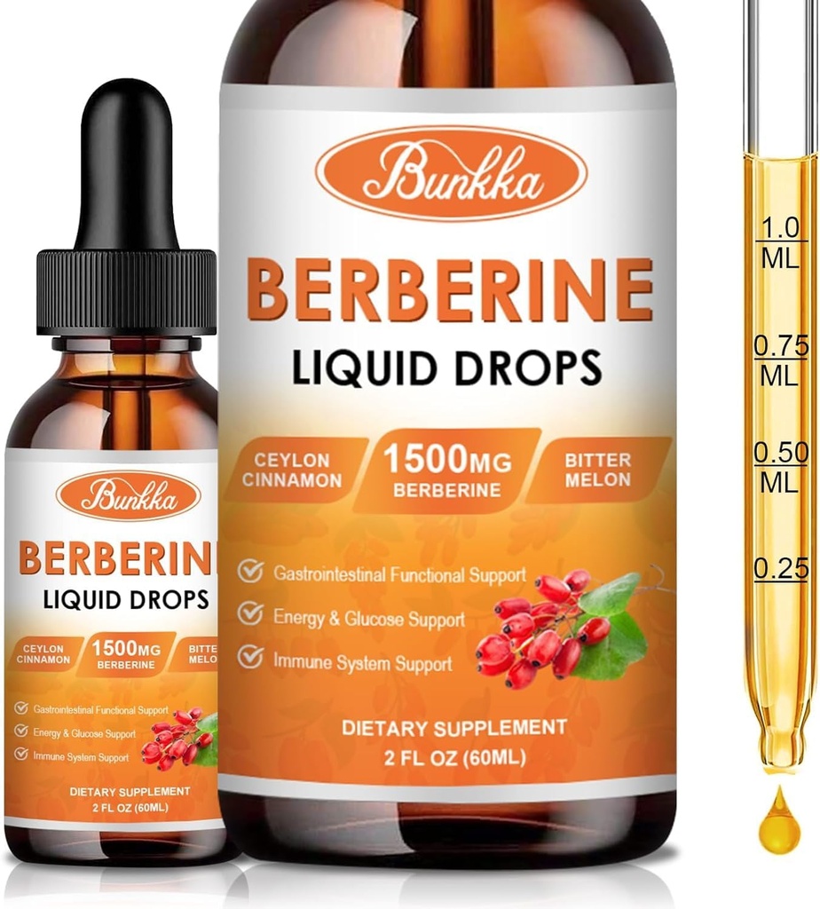 (2 Paket) Sugar & Vegan Suplemen Berberine Liquid Drops dengan Ceylon Cinnamon, Bitter Melon, Sugar- Free & Vegan Suplement Suplement Suport Immune System & Gastrointestinal Care - 4 FL Oz