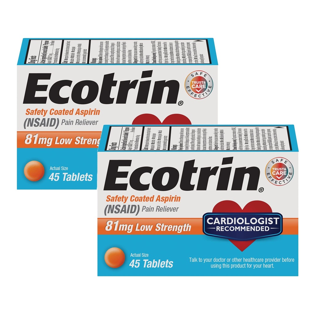 Esotrin Low Strength Safety Coated Aspirin, NSAID 81mg, 45 count (2 Pack)