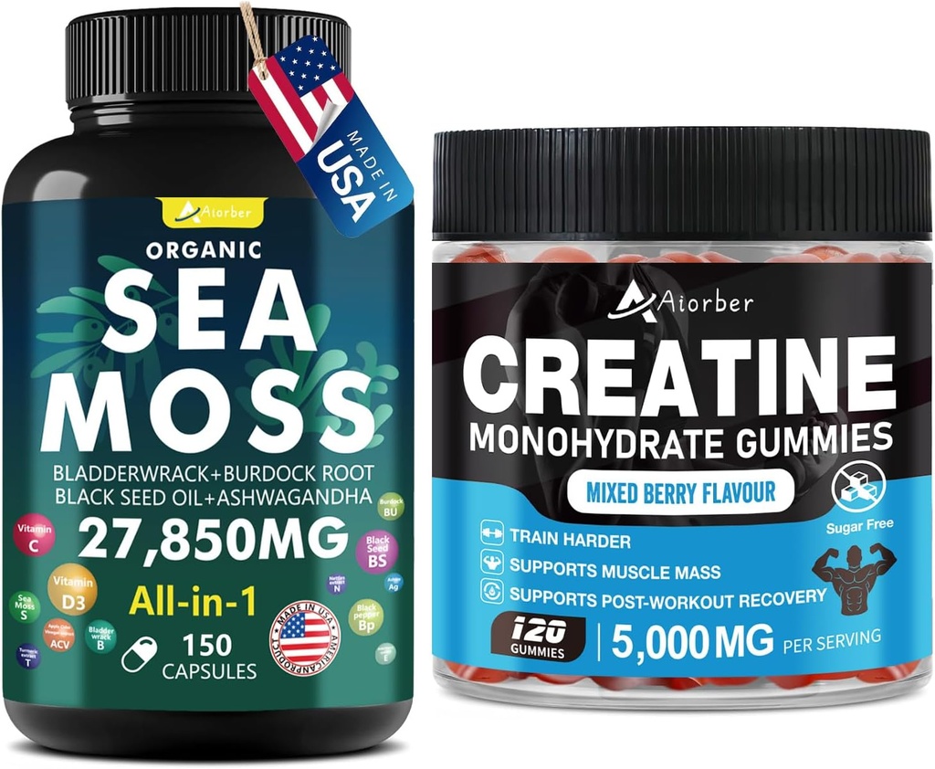Sea Moss & Creatine Monohydrate Gummies Bundle 270 Count - Organic Sea Moss Black Seed Oil Aşhwaandha Ginger & Creatine Monohydrate (2 Pack)