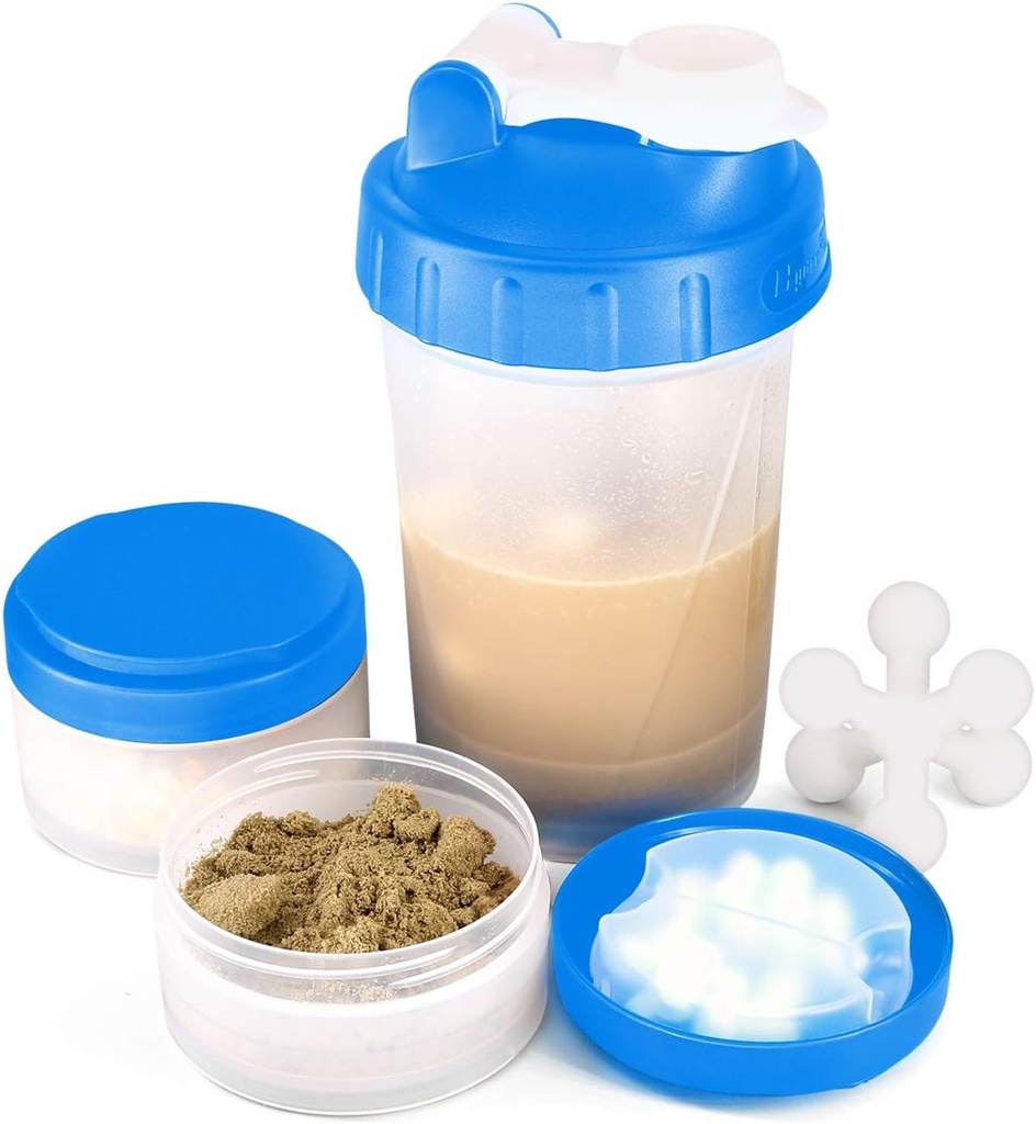 16oz Protein Shake Bottle dengan Shaker Ball dan 2 Penyimpanan Jars 124; BPA-Free Plastic Cup dengan Skage Clear Measusion 124; Sempurna untuk Protein Mixes dan Pil 124; Portable Prestout Minum Cup Biru