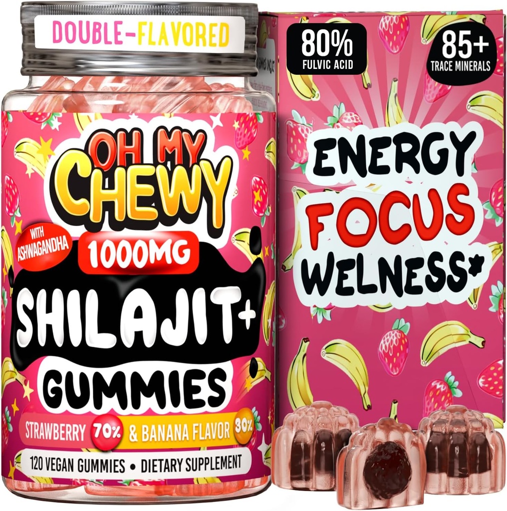 Himalaya Murni Shilajit Gummies - Potency Gold Grade Resin - Energy Boost and Imuniune Dukungan untuk Pria dan Wanita dengan Ashwagandha dan Shatavari - 120 Gummy - Strawberry & Banana