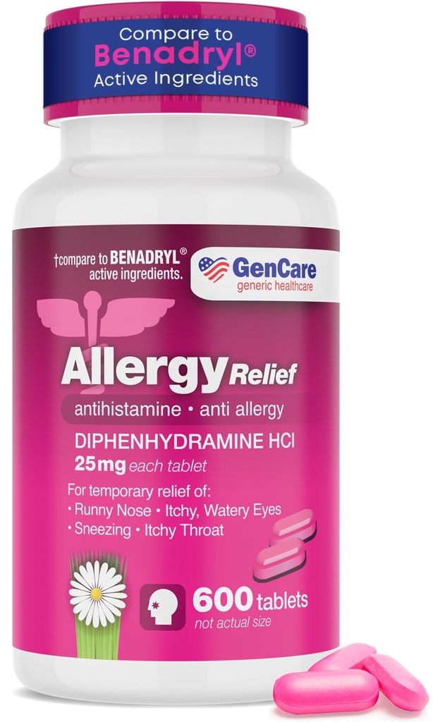 Obat Peninggalan Allergy: Antihistamine Diphenhydramine 25mg (600 Tablet Per Bottle) Nilai Pack Alag 124; Relieve for Itchy Eyes, Sneezing, Runny Nose 124; Seasonal atau Outdoor Allergies