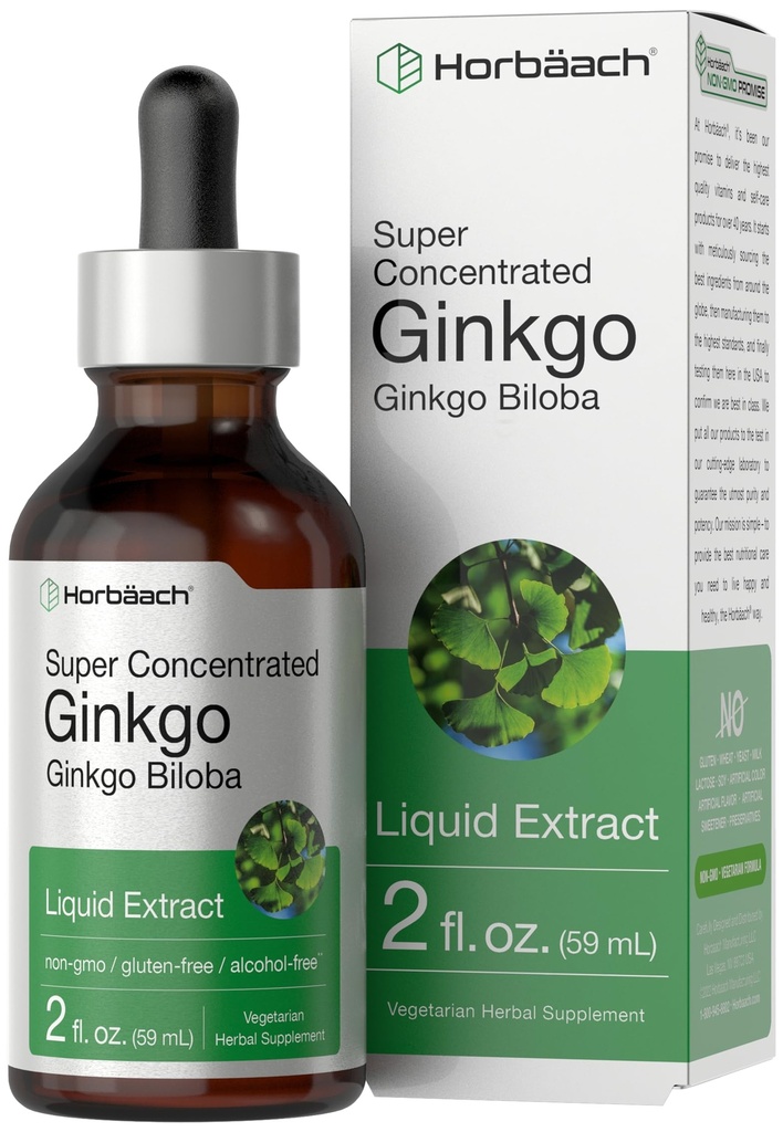Horbäach Ginkgo Biloba Extract Liquid 2 fl oz 124; Alcohol-Free Herb Suplemen 124; Vegetarian, Non- GMO, Gluten Free