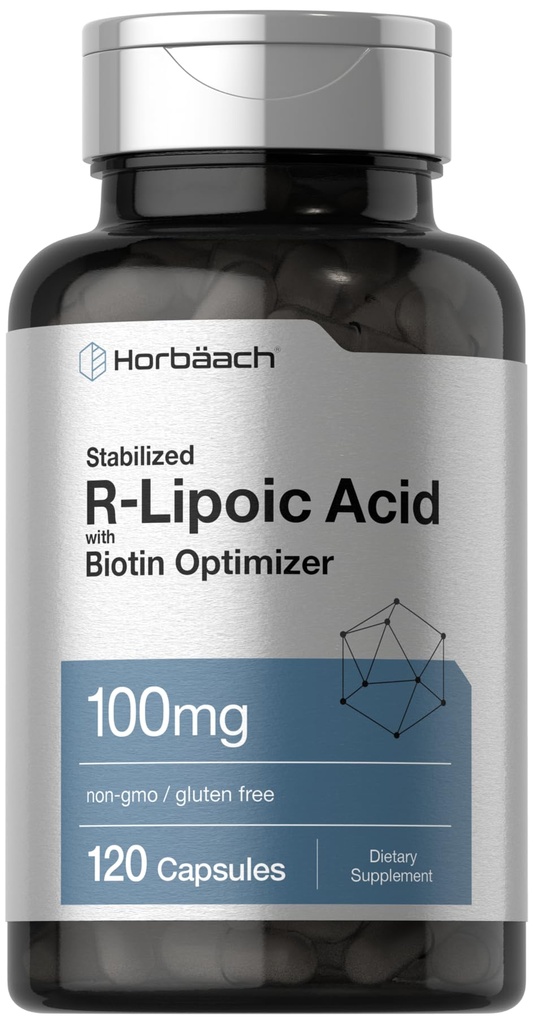 Horbaach R-Lipoic Acid 100 mg 124; 120 Capsules 124; dengan Biotin Optimizer 124; Non-GMO, Gluten Free 124; Stabilisasi R- Lipoic Acid Suplemen
