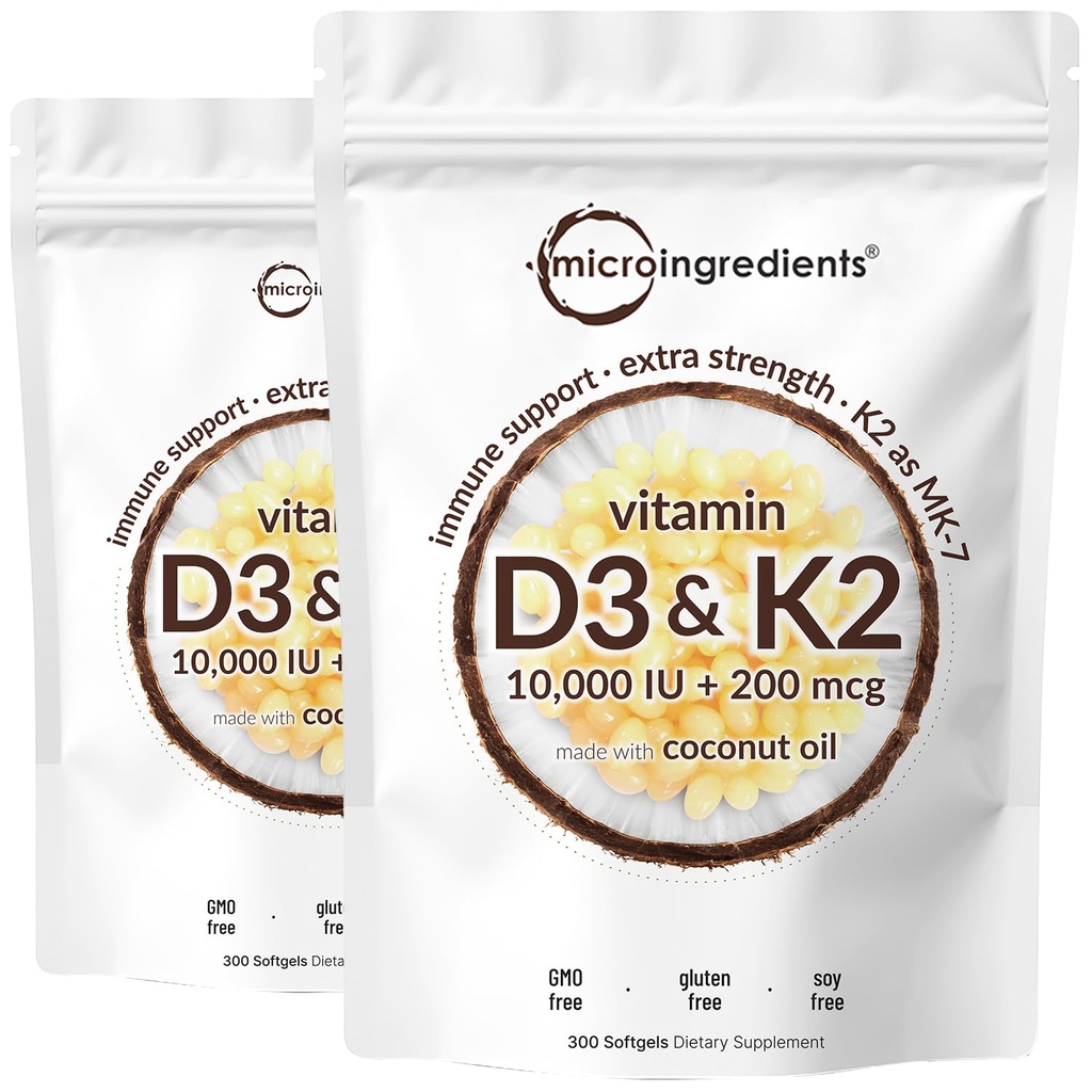 2 Pack Vitamin D3 10000 iu Plus K2 (MK-7) 200 mcg, 300 Virgin Coconut Oil Softgels 14; 2 in 1 Vitamin D & K Kompleks 124; Pasokan Calcium Absorpsi, Bone, Imune, & Heart Health - Mudah ditelan