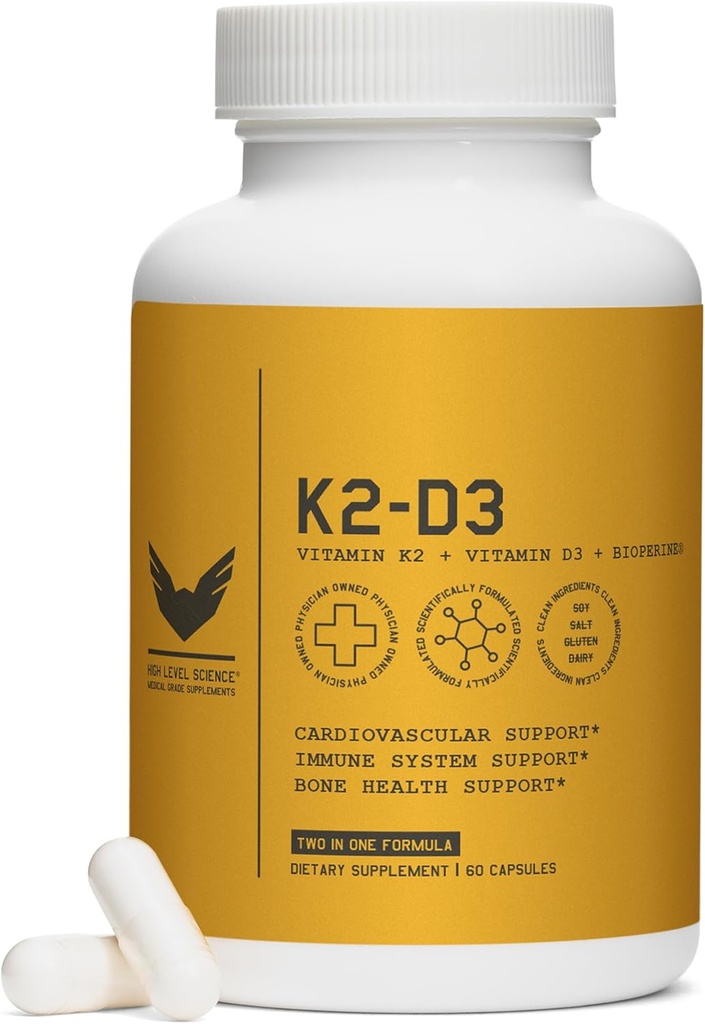 Tingkat Tinggi K2D3, Vitamin K2 & D3 Tambahan dengan BioPerine Black Pepper, Kompleks Dual Action for Heart, Bone, Imune Dukungan, 5000 IU D3, 100 mcg K2, Vegetarian, 60 Vevgie Capsules