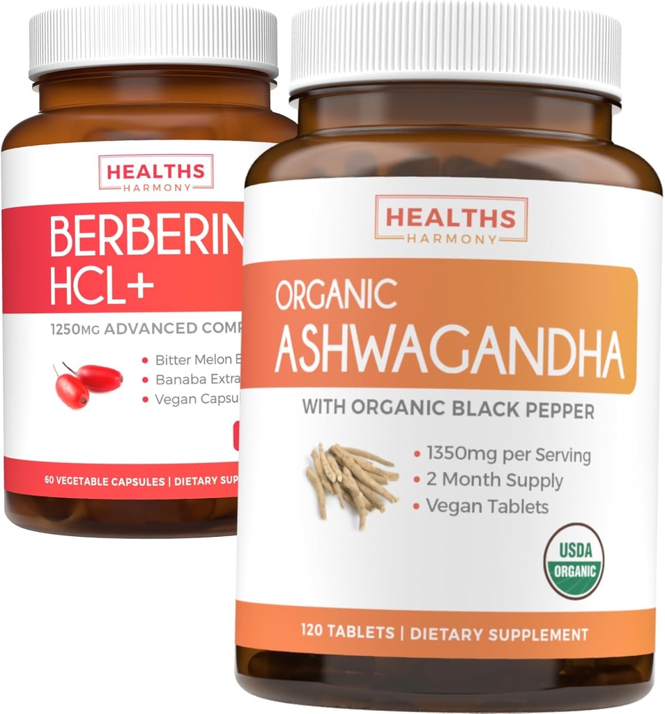 Simpan $4 (11% Off) - Beli Organik Ashwagandha & Berberine HCL + - Nature 's Synergy Duo - Berberine (60 Capsules) - Organik Ashwagandha Root Powder 1350mg Serve (120 Tablet) Bantuan Alam Adrenal