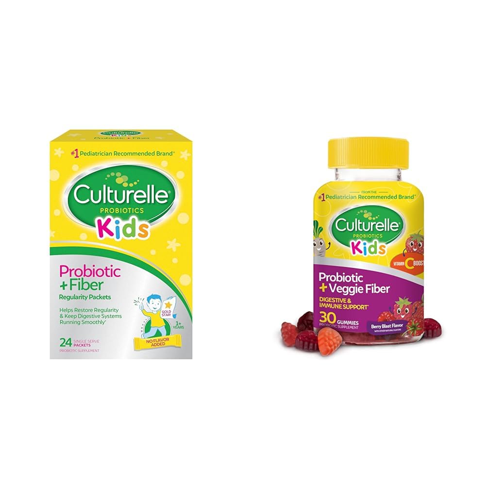 Anak-anak Cultuelle Probiotic + Fiber Packets (Ages 3 +) - 24 Count - Digetical Health & Imune Dukung & Daily Probiotic for Kids + Veggie Fiber Gummies (Ages 3 +) - 30 Count