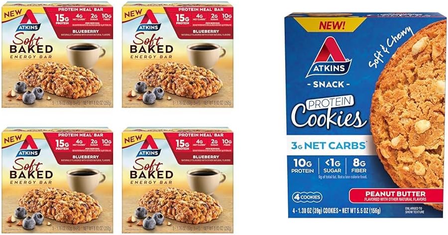 Atkins Soft Baked Energy Bars, Blueberry, 15g Protein, 2g Sugar, Excellent Sover & Peanut Butter Protein Cookie, Protein Dessert, Rich in Fiber, 3g Net Carb, 1g Sugar
