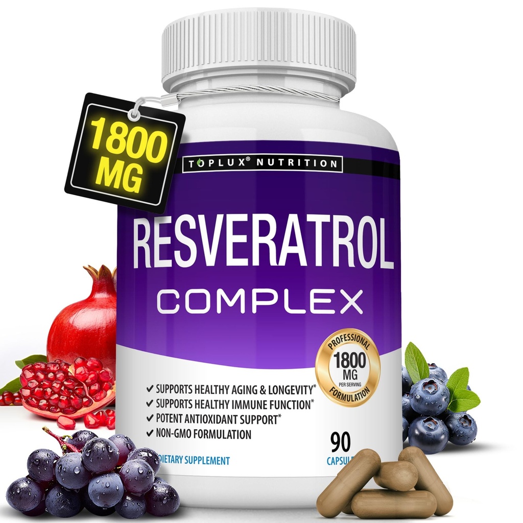 Suplemen Resveratrol 1800 mg Antioksidant Kompleks - Sangat Kuat Transal-Resveratrol Pill untuk Penuaan Kesehatan, Dukungan Kesehatan Keseluruhan, Sistem Imune, Fungsi Otak, untuk Perempuan Pria, 90 Katup