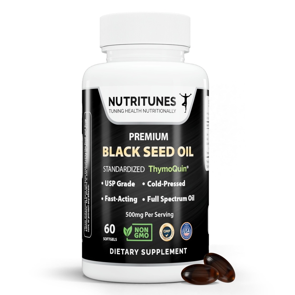 Minyak Benih Hitam 3% Thymoquinone Standarined - Secara klinis Dipelajari, tingkat USP, Cold- Menekan Nigella Sativa Thymoquin, Non-GMO - 60 Softgels