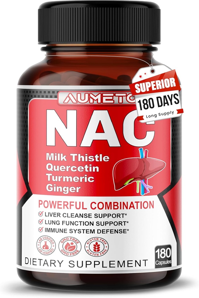 Tambahan Nac N- Acetyl- L- Cysteine - Enhanced with Milk Thistle + Quercetin for Optimal Imunity, Respiratory, Liver Wellness (180 Count (Paket 1)))