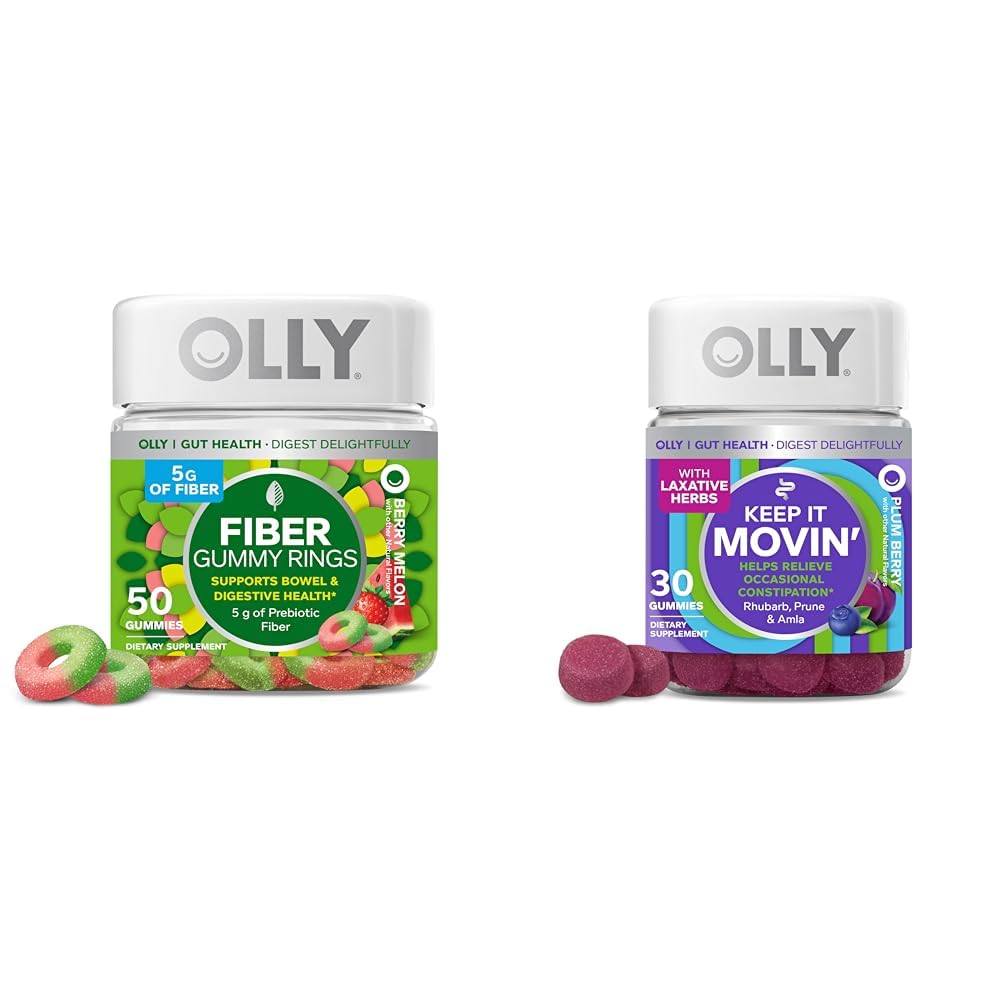 OLLY Fiber Gummy Rings, 5g Prebiotic Fiber, FOS (Fructo-oligosactrides), Digetical During, Berry Melon 50ct & Keep it Moving Constipation Relief, Rhubarb, Prunes, Amla - Plum Berry Flavor - 30ct