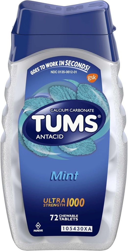 TUMS Ultra Energy Chewable Antax Tablet for Heartburn Relief, Peppermint - 72 Count
