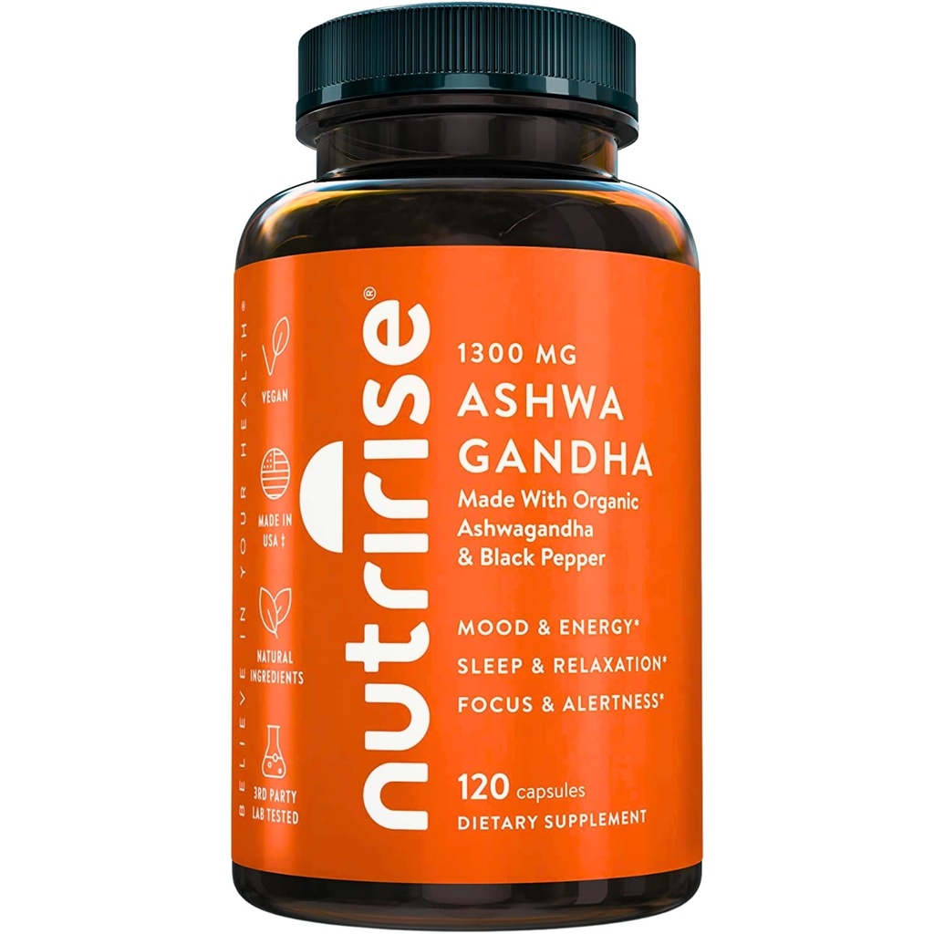NutriRise Organic Ashwagandha Root Kapsul dengan Black Pepper, 1300mg, Natural Stress & Mood, Thyroid, dan Imune Suplemen Dukungan, Kejelasan, Fokus & Energi, Gluten Bebas, 120 Cacah