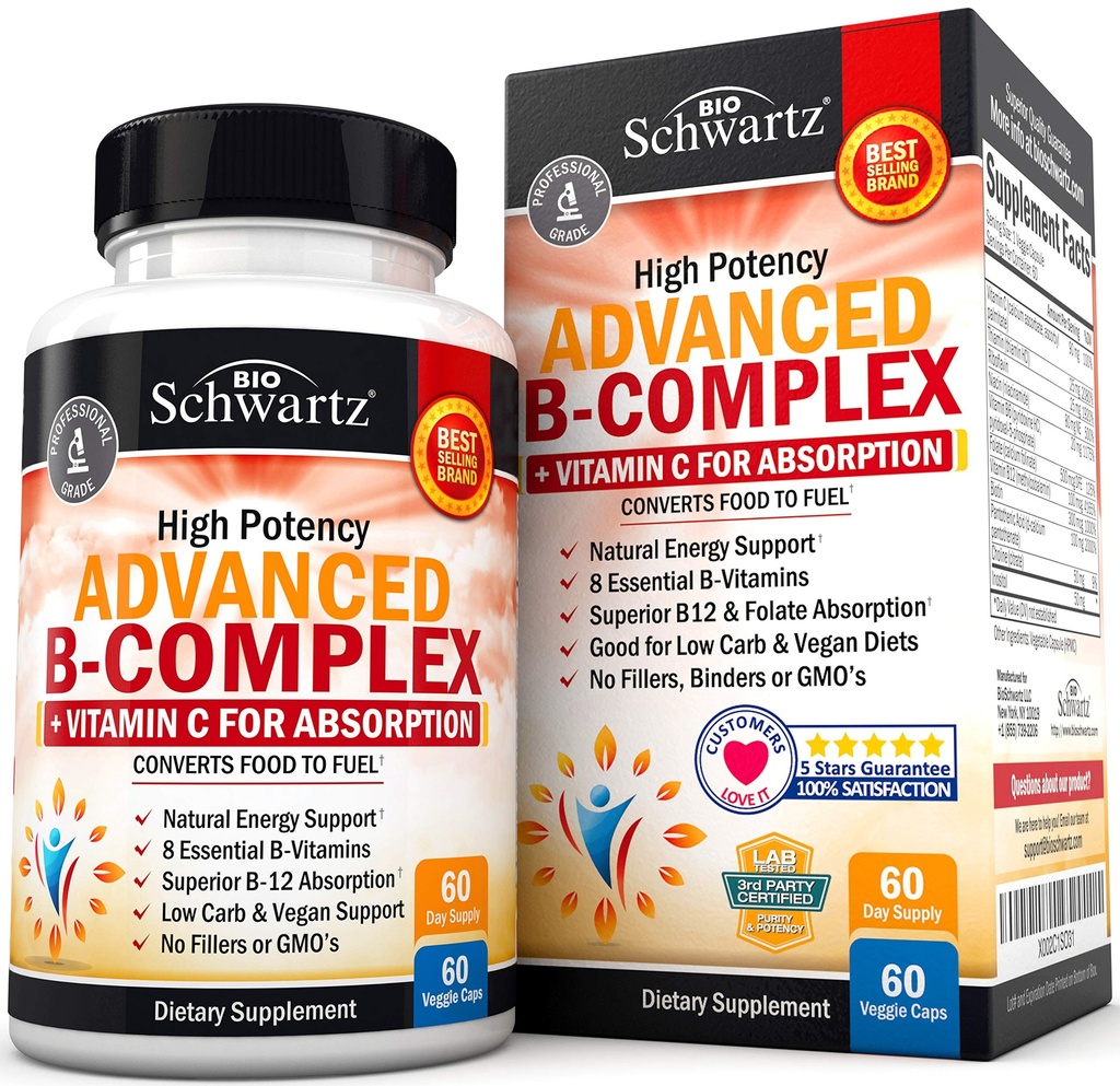 Vitamin B Kompleks dengan Vitamin C untuk Absorpsi Maksimal - Methylcobalamin b12 & Folic Aclement - B1 B2 B5 B6 B7 B9 untuk Imune Energy & Gugup Sistem Dukungan - Non-GMO, 60