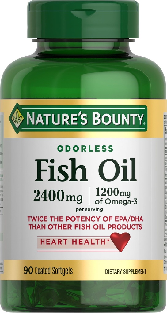 Nature 's Bounty Odorless Fish Oil, 1200mg Omegaga- 3 per Serving Including EPA & DHA, Sualth Heart, Purified to Mercury, Coated Softgels, Gluten Free, No Shellfish, 90 Ct