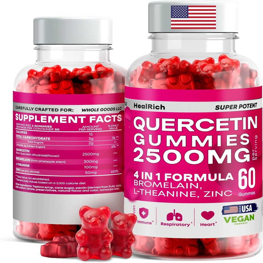 Quercetin Gummies - 2500MG dengan Brimelain, L-Theanine - Imune Dummies Dulgergy Relief & Lung Health for Kid & Dewasa