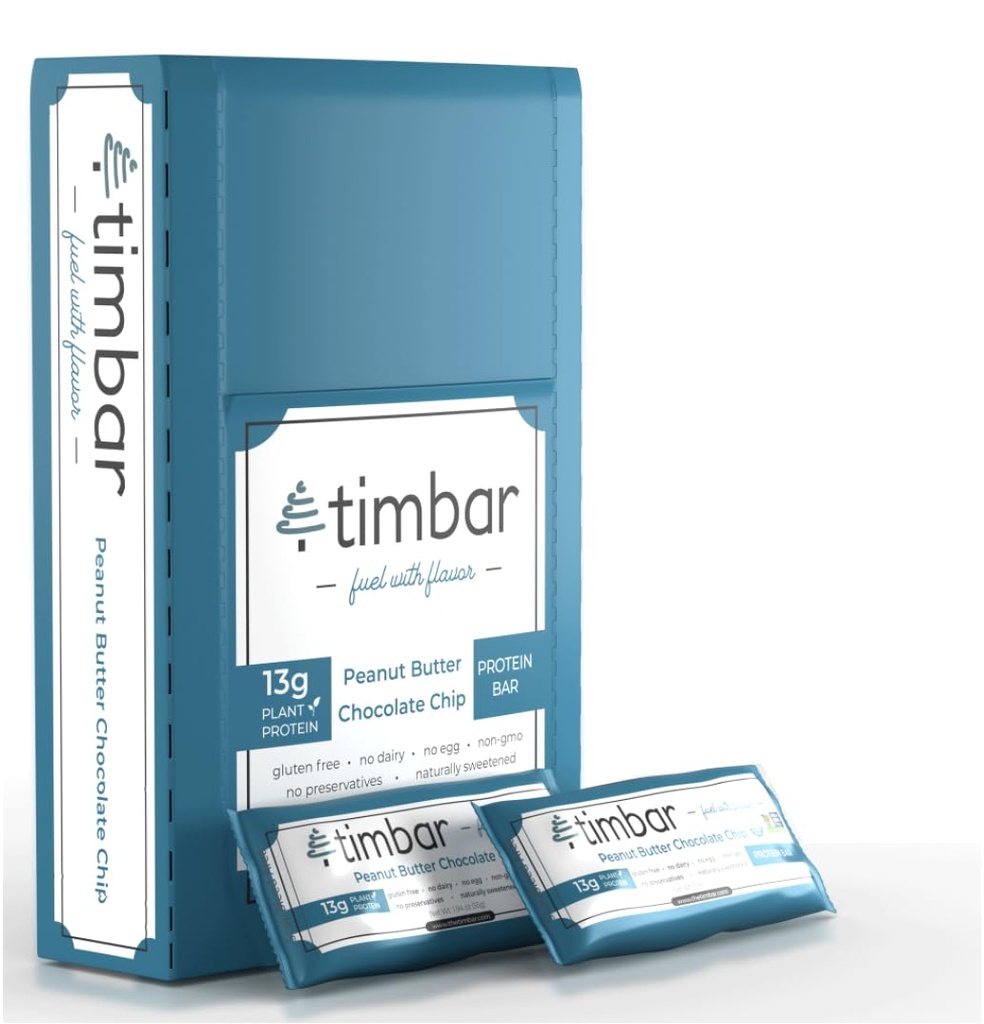 Timbar Protein Bars 12 Pack 124; Plant Basic, Energy & Nut Bars with 13g Protein 14; Gluten Free, Non-GMO, Dairy Free, Heally On- the Go Snack & Meal Replacement (12 Packs, Peanut Butter)