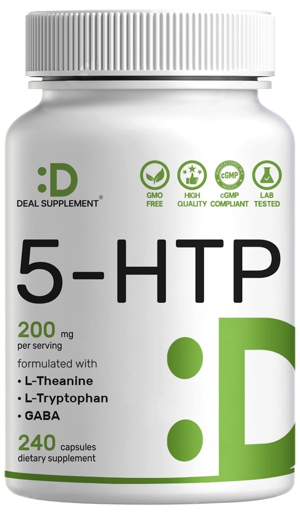 Tambahan Kesepakatan 5- HTP 200 mg Per Serving, 240 Capsules, 98% Afrika Deerived Aweconds Extract (Ekstraksi Benih Beribu Afrika) 124; 4 dalam 1 Formula: 124; Plus Aktif L Theanine, L Tryptophan, & GABA 124; Dukungan Relaxation Tambahan
