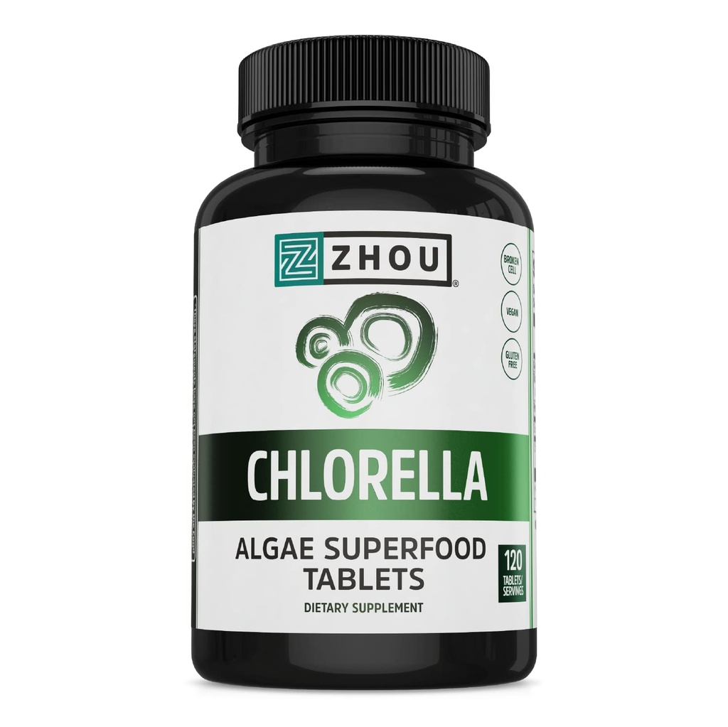 Zhou Chlorella Tablet - Chlorella Tambahan, Chlorofil Vitamin, Alga Hijau Murni Superfood, Pil Makanan Super Kaya Nutrient Kaya, Tembok Sel Broken - 120 Tablets Vegan