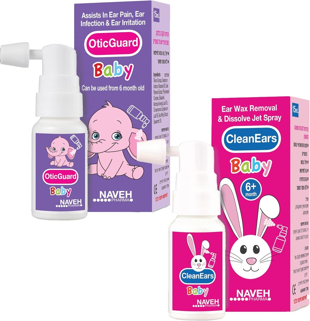 1 Unit Naveh Pharma CleanEars Baby Earwax Spray 1 Fl Oz + 1 Unit NaVEH PhARMA Otic Guard Baby Ear Infeksi Spray 0.5 Fl Oz