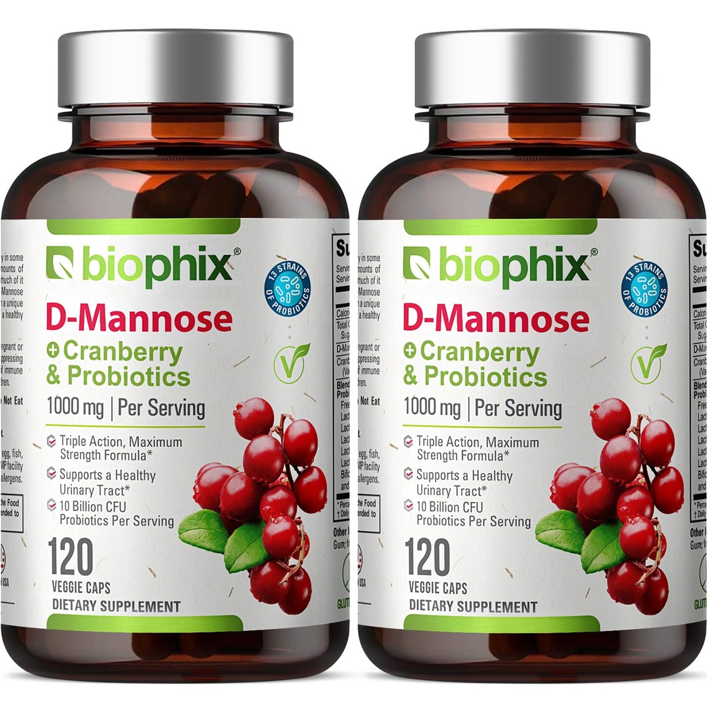Biophix D-Mannose 1000mg Capsules with Cranberry & Progities - D Mannose Suplemen Perempuan - D-Mannose Pil untuk Ratapan & Dukungan Kesehatan Bladder - Digetical Welly - Menjadi - 120 Vcaps 2 Pack