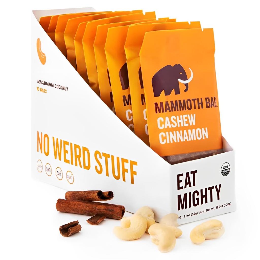 Cashed Cinnamon Bar- Organic, Paleo, Gluten Free and Raw oleh Mammoth Bar, 100- 12g Protein, 1.8 Oz.