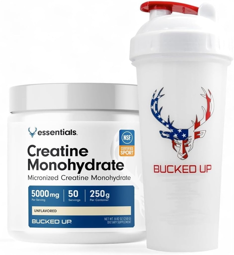 Bucked Up Creatine & Shaker Bundle - Micronized Creatine Powder (250g, 50 Servings) + 28oz Leak- Bukti BPA-Free Shaker Bottle untuk Optimal Mixing
