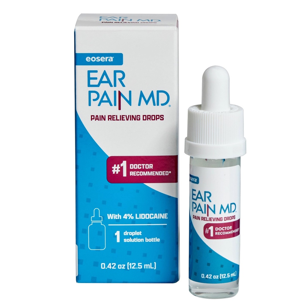 Eosera Ear Pain MD ® - 4% Lidocaine Ear Drops for Maximum Strength Relief - Fast- Acting, Nustuding Earache Treatment for Dewasa & Kid (12.5 mL)