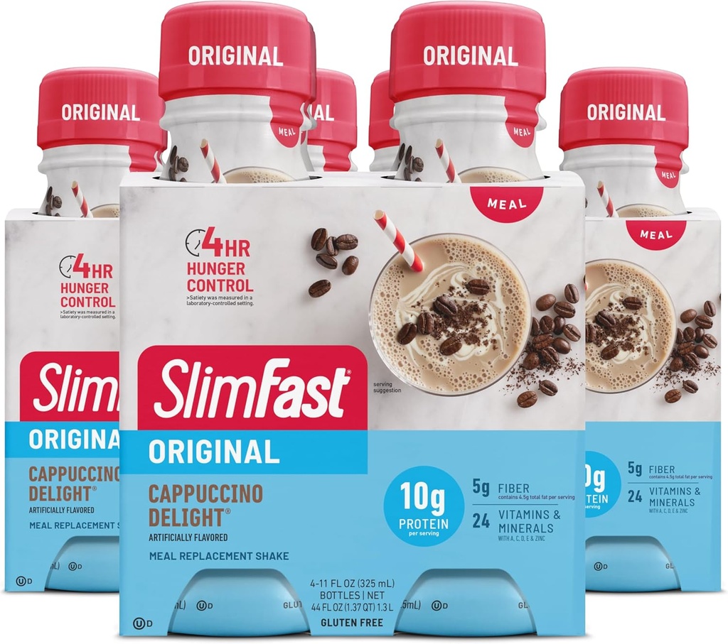 SlimFast Meal Replacement Shake, Cappuccino Delight asli, 10g of Ready to Drink Protein for Weight Loss, 11 Fl. Oz Bottle, 4 Count (Paket 3) (Packaging May Wary)