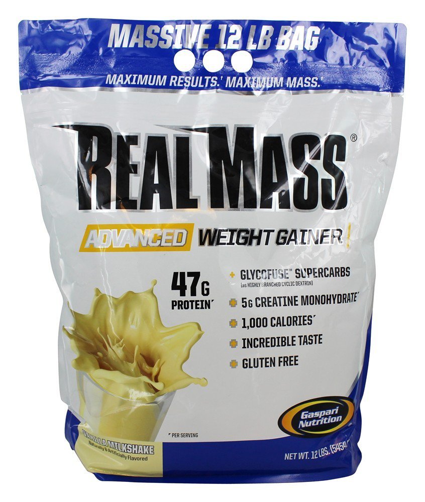 Gasuni Nutrection Real Mass: Advanced Weight Gainer, Protein and Complex Carb Blend, 50g Protein, 16g EAS, Gluten- Free, 12 lbs (Vanilla Milkshake)