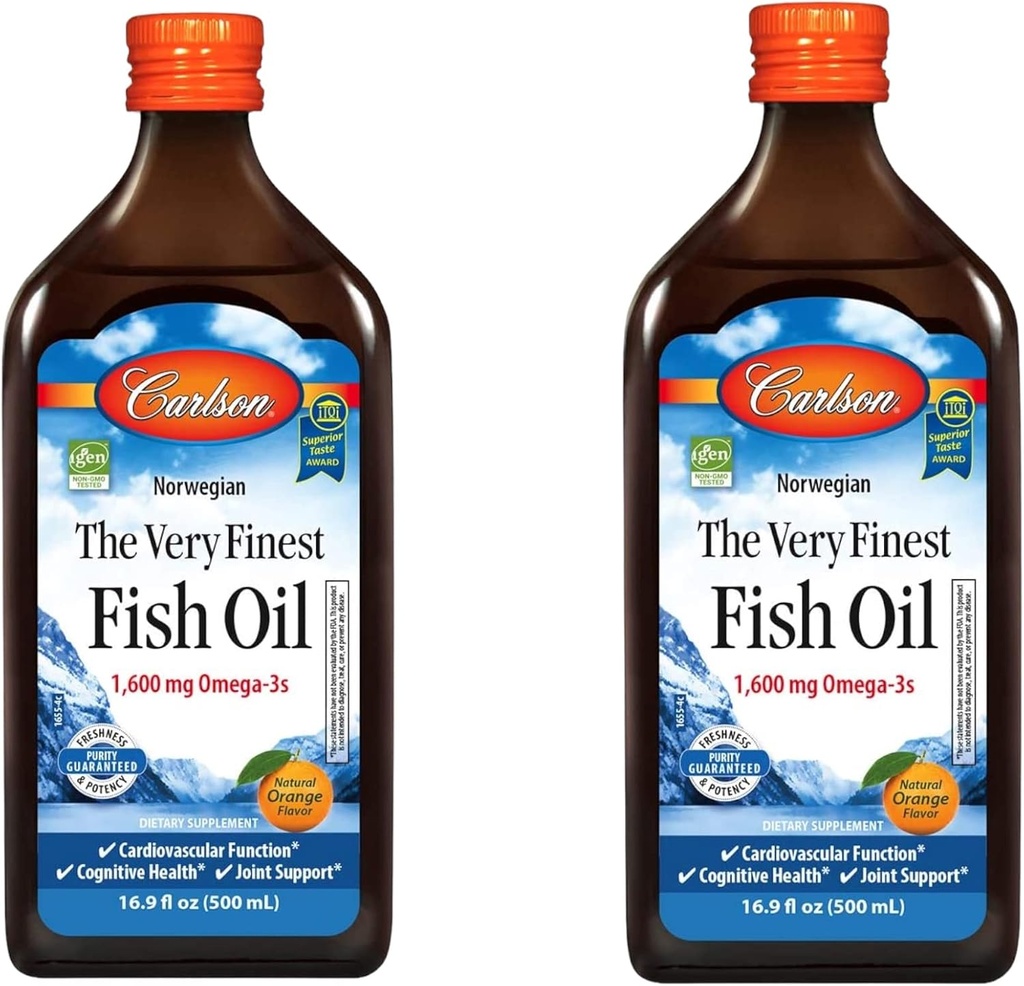 Carlson - The Very Finest Fish Oil, 1600 mg Omega- 3s, Liquid Fish Oil Suplemen, Norwegia Fish Oil, Wild- Caught, Sudivable Oil Liquid, Orange, 16.91 Fl Oz (Paket 2)
