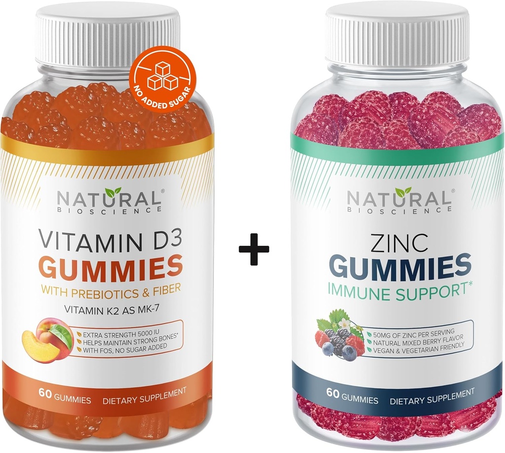 Natural BioScience Sugar Free Vitamin D3 K2 Gummies 5000 IU & Zinc Gummies 50 mg, Extra Strength, Support Bone Health, Skin Dukung, 60 Gummy Vitamin