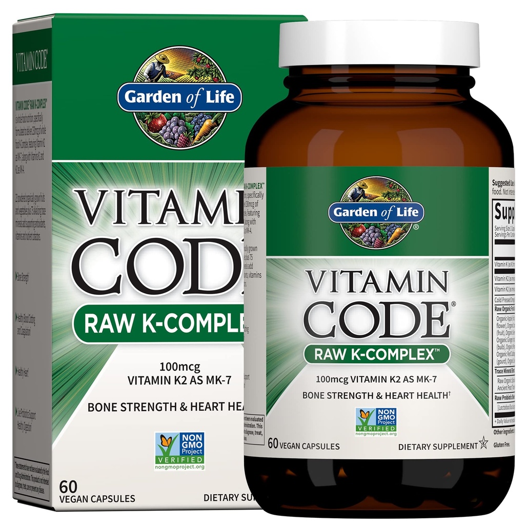 Garden of Life Vitamin K2 dan K1, Vitamin Code Vegan K Complex Vitamin for Bone Strake and Heart Health, Omega Rich Flax Semed Oil, Trace Mineces, Propoculum, 60 Day Supply