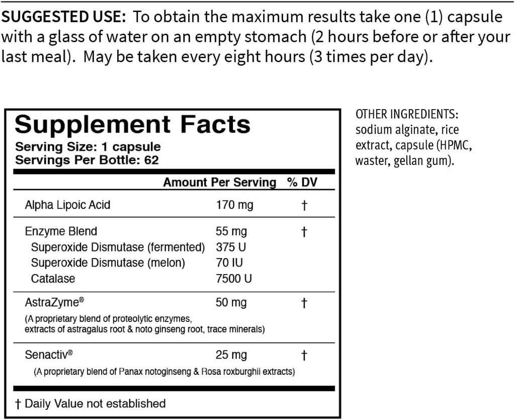 USAEnzymes YOUTHXYM 62 Delayed Release Vegetarian Capsules, Anti- Oxidant Enzyme Suplement. 170mg dari Alpha Lipoic Acid (ALA) + 50mg of AstraZyme ke Enhance Protin Dibuble.