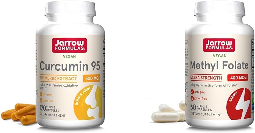 Jarrow Formula Curcumin 95 500mg dan Methyl Folate 400mcg AntioksidanCardiovaskular Kesehatan Dukungan Dieter Bundle, 120 dan 60 Vevgie Capsules