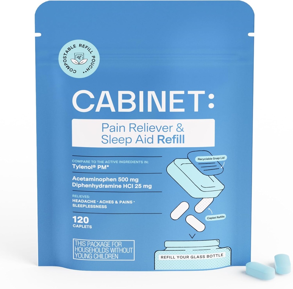 Kabinet: Reliever Pain malam hari dan Bantuan Tidur untuk Sakit kepala, Aches, dan Pains 124; Acetaminopren 500mg, Diphenhydramine 25mg, 120 Caplets (Isi ulang)
