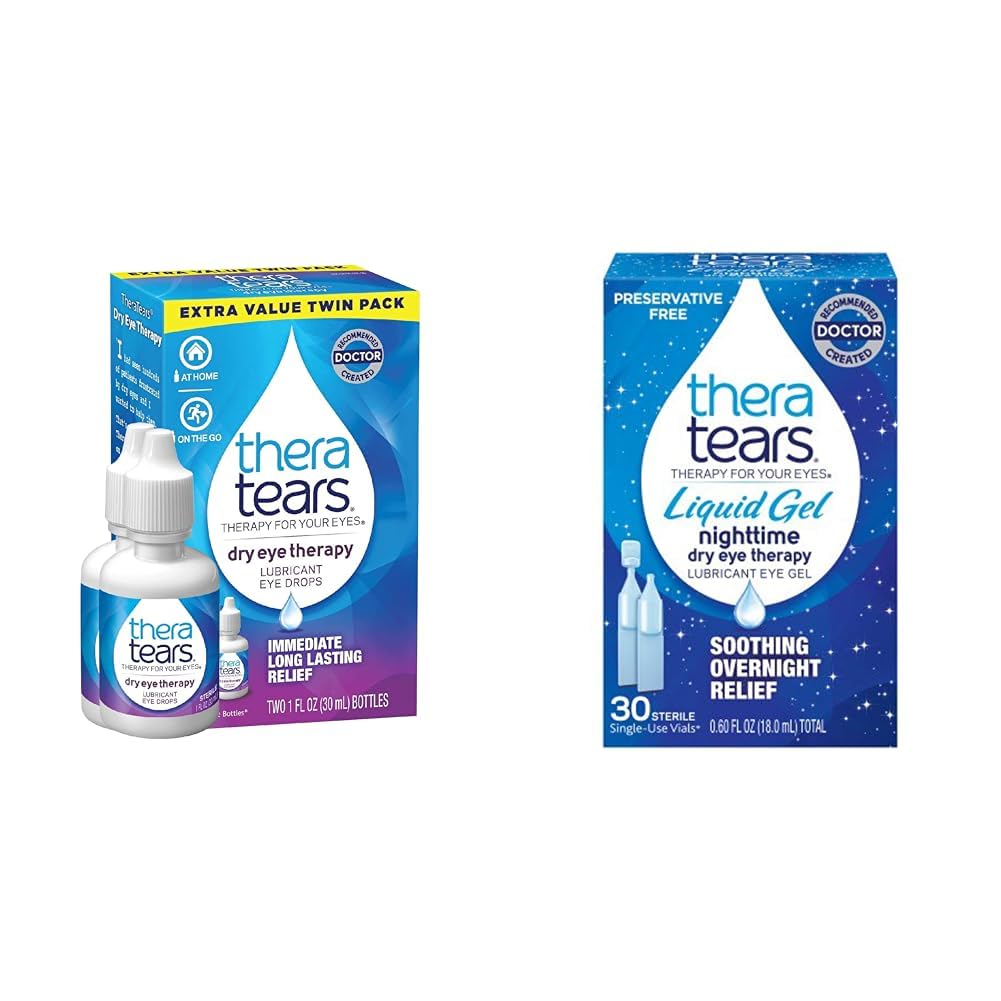 TheraTears Dry Eye Therapy Lubricating Eye Drops for Dry Eyes, 1 fl oz Bottle Twin Pack, (2 x 30mL Bottles) & Liquid Gel Malam Hari Pengaruh Mata Pengaruh untuk Dry Eyes, Gunakan Vials, 30 Count