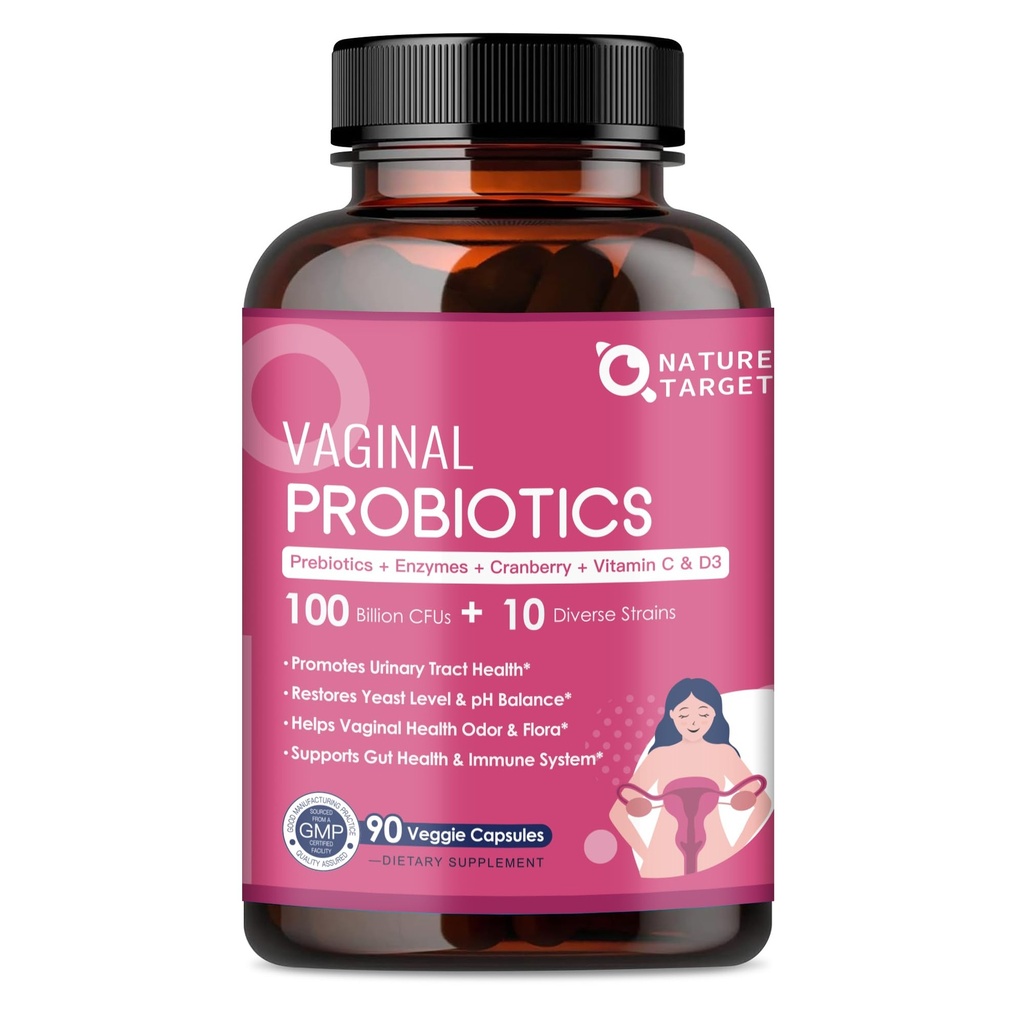 NAFURE TARGET Vaginal Womens Progecs, 100 Billion CFUs Progories & Pregories with Digetical Enzymes, Cranberry & D-Mannose - Mendukung keseimbangan PH, Odor & Urinary Tract Health - 90 Capsules